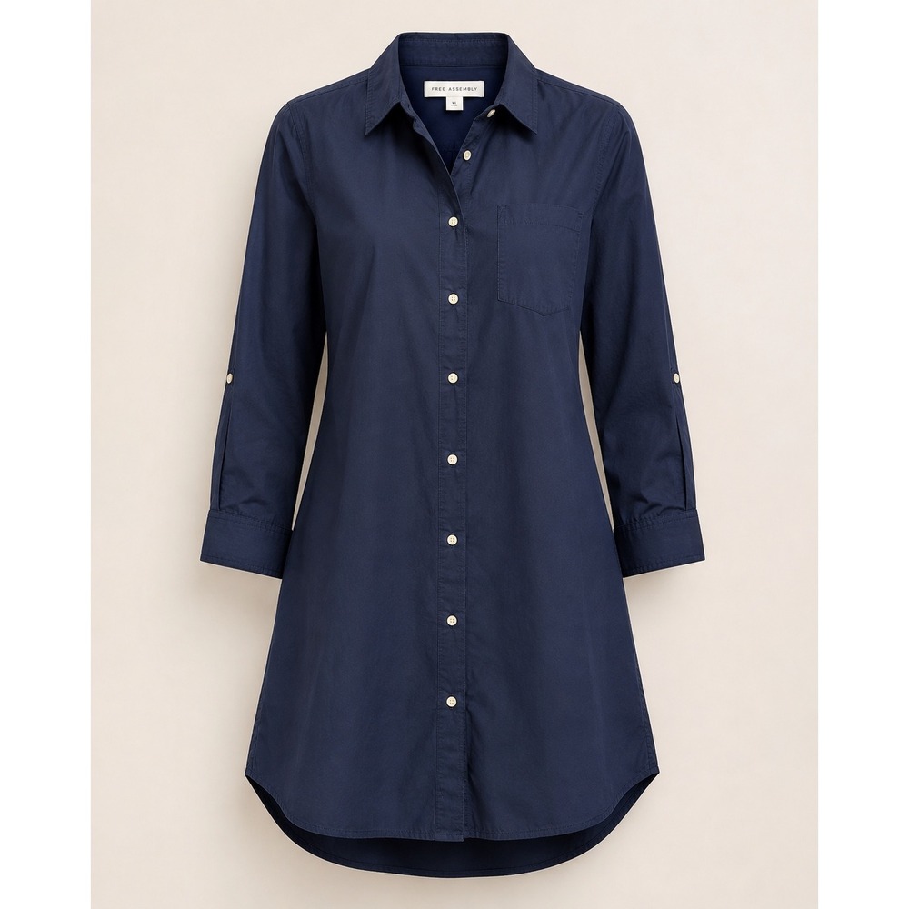 Womens Size XL Navy Cotton Shirt Dress Button Front Coastal Preppy Workwear